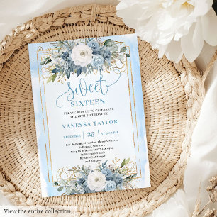 Invitation Joli bleu bleu bleu blanc or fleurs doux 16
