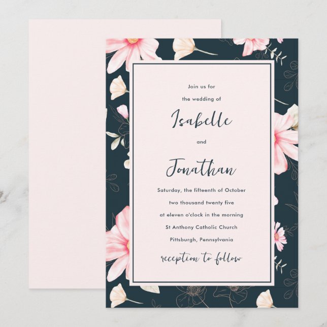 Invitation Joli bleu bleu floral modèle Mariage (Devant / Derrière)