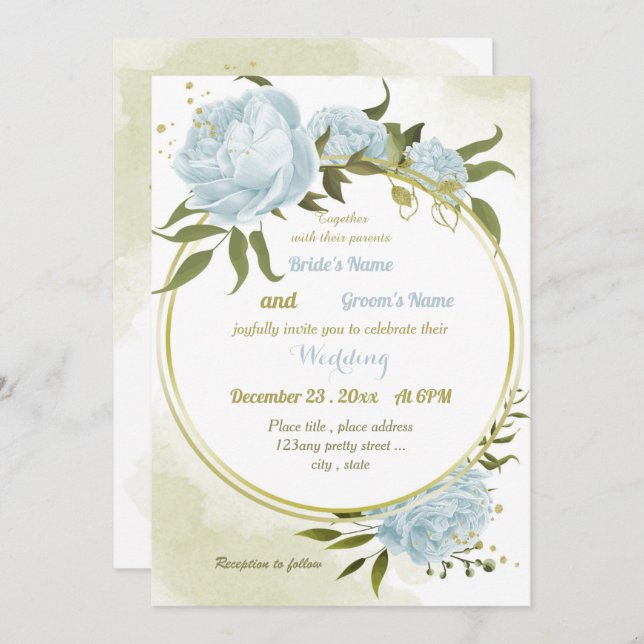 Invitation joli bleu fleurs verdure mariage géométrique (Devant / Derrière)