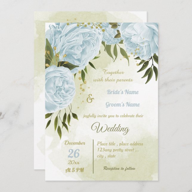 Invitation joli bleu fleurs verdure mariage géométrique (Devant / Derrière)