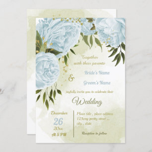 Invitation joli bleu fleurs verdure mariage géométrique