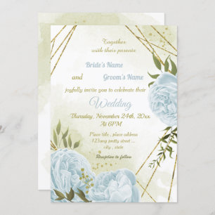 Invitation joli bleu fleurs verdure mariage géométrique