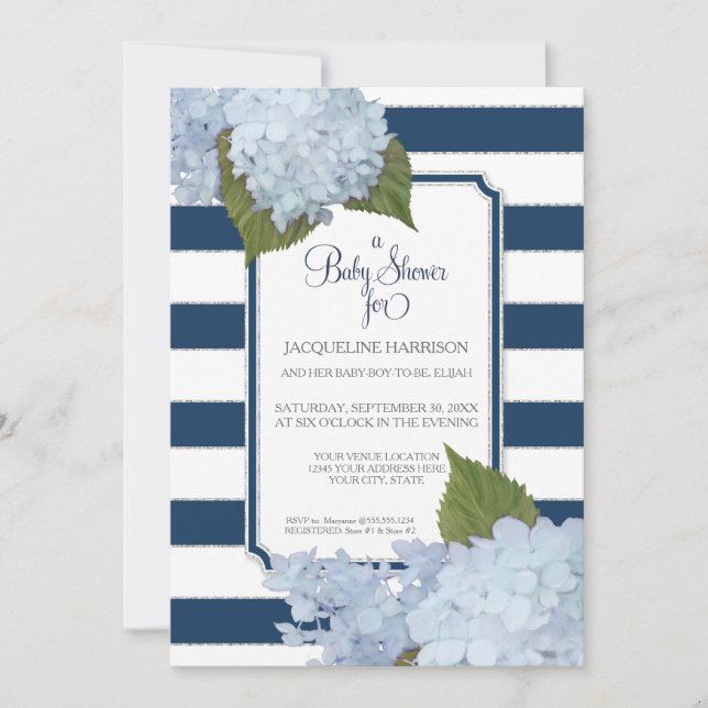 Invitation Joli bleu floral Elégant Baby shower blanc marine (Devant)
