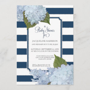 Invitation Joli bleu floral Elégant Baby shower blanc marine