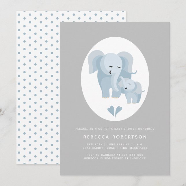 Invitation Joli bleu gris éléphant mère et bébé garçon douche (Devant / Derrière)