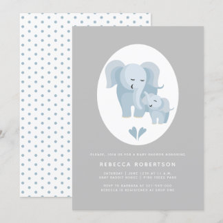 Invitation Joli bleu gris éléphant mère et bébé garçon douche