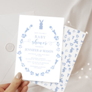 Invitation Joli bleu lapin de Pâques fleuri bébé garçon douch