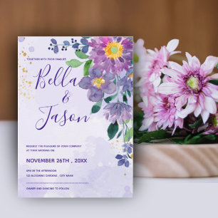 Invitation Joli bleu violet Aquarelle Mariage Floral