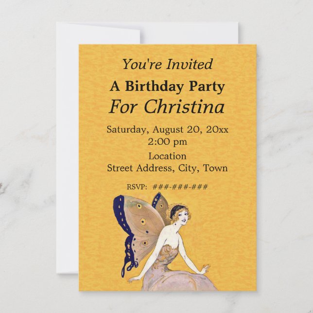 Invitation Joli Blond Anniversaire Fée Papillon Ailes Jaune (Devant)