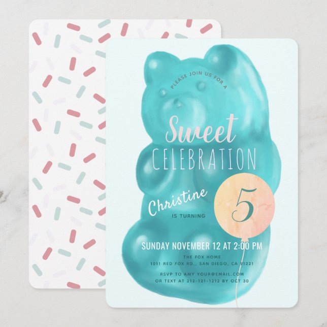 Invitation Joli Blue Gummy Ours sucré Bonbons Anniversaire (Devant / Derrière)