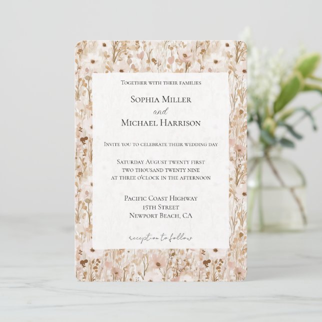 Invitation Joli Blush Brown Floral Mariage (Debout devant)