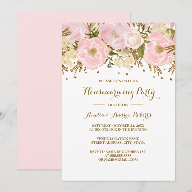 Invitation Joli Blush Gold Floral House Party (Devant / Derrière)