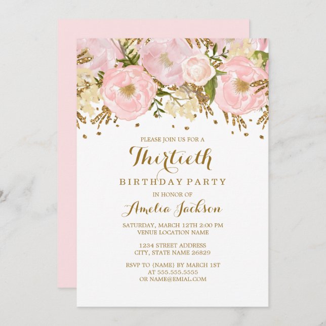 Invitation Joli Blush Pink Gold Floral 30e anniversaire (Devant / Derrière)