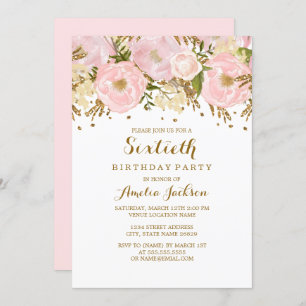 Invitation Joli Blush Pink Gold Floral 60e anniversaire