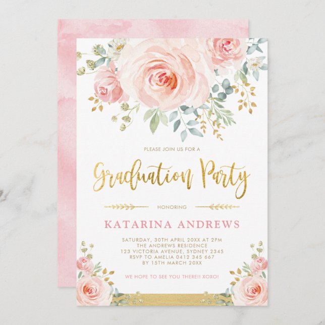 Invitation Joli Blush Pink Gold Floral Party de graduation (Devant / Derrière)