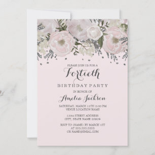 Invitation Joli Blush rose argent floral 40e anniversaire
