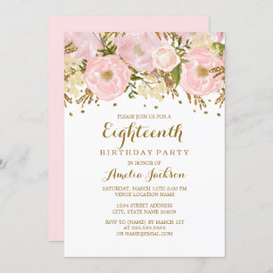 Invitation Joli Blush Rose or Floral 18e anniversaire