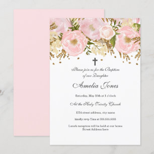 Invitation Joli Blush Rose Or Floral Girl Baptême