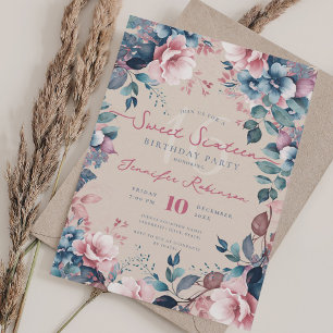 Invitation Joli Boho Blue Garden Floral Sweet 16 Champagne