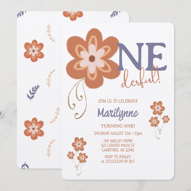 Invitation Joli Boho Daisy Merveilleux Premier Anniversaire (Devant / Derrière)