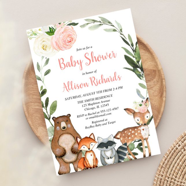 Invitation Joli boisé animaux floral fille baby shower (Créateur téléchargé)