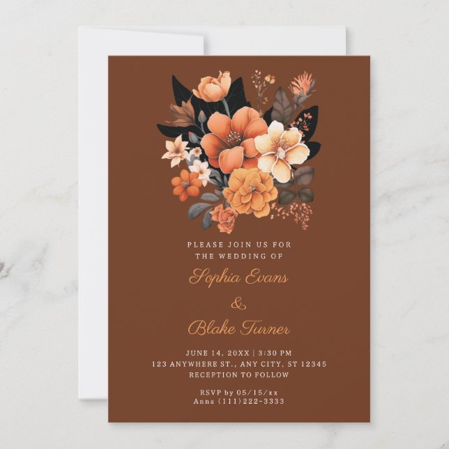 Invitation Joli Bouquet Floral Orange Automne Mariage Brown (Devant)
