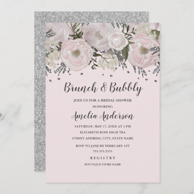 Invitation Joli Brunch Floral Rose Argent Et Bubbly (Devant / Derrière)