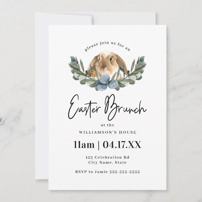 Invitation Joli Bunny Aquarelle & Chic Brunch de Pâques (Devant)