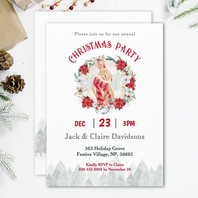 Invitation Joli Bunny d'hiver Poinsettia Noël (Cute Winter Bunny Poinsettia Christmas Party Invitation)