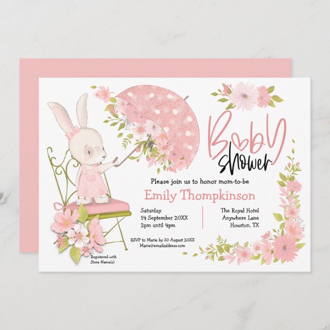 Invitation Joli Bunny Fleurs Parapluies Baby shower fille (Devant / Derrière)