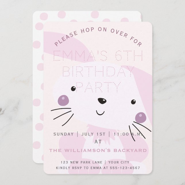 Invitation Joli Bunny rose pâle | Fête d'anniversaire des fil (Devant / Derrière)