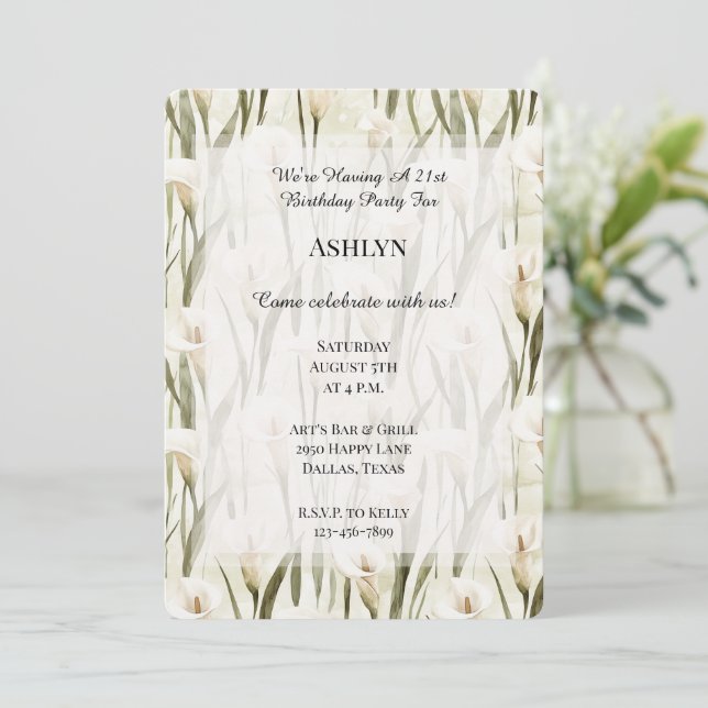 Invitation Joli Calla Lilly Vert Blanc Floral Anniversaire (Debout devant)