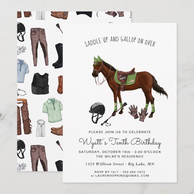 Invitation Joli Cavalier de Cheval pour Fête d'Anniversaire (Devant / Derrière)