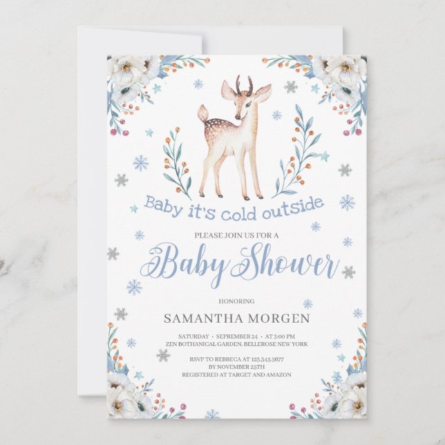 Invitation Joli cerf d'hiver bleu fleuri garçon baby shower (Devant)