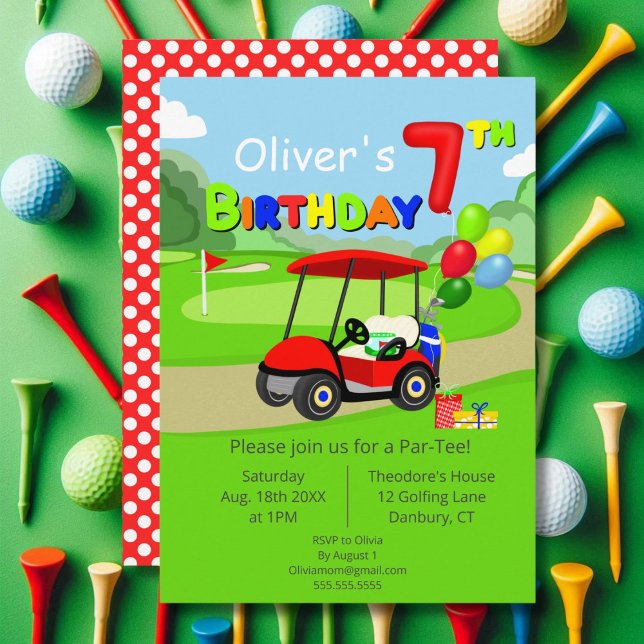 Invitation Joli chariot de golf rouge pour 7e anniversaire ga (Créateur téléchargé)