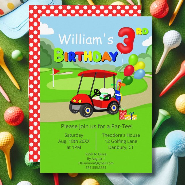 Invitation Joli chariot de golf rouge pour garçon de 3 ans (Créateur téléchargé)