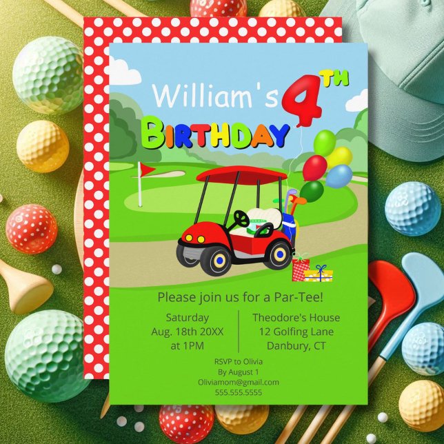 Invitation Joli chariot de golf rouge pour garçon de 4 ans (Créateur téléchargé)