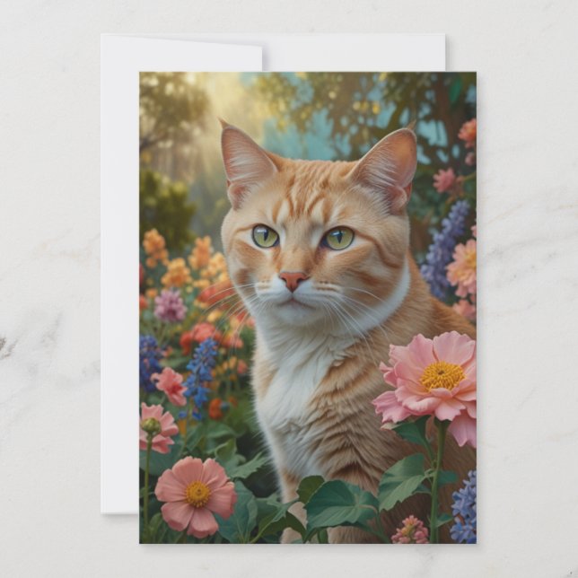 Invitation Joli chat blanc orange dans un jardin fleuri (Devant)