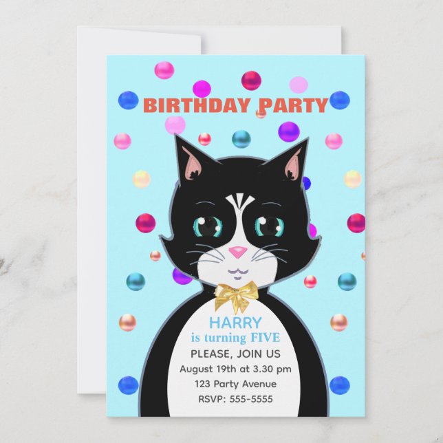 Invitation Joli chat d'anniversaire en smoking et confettis m (Devant)