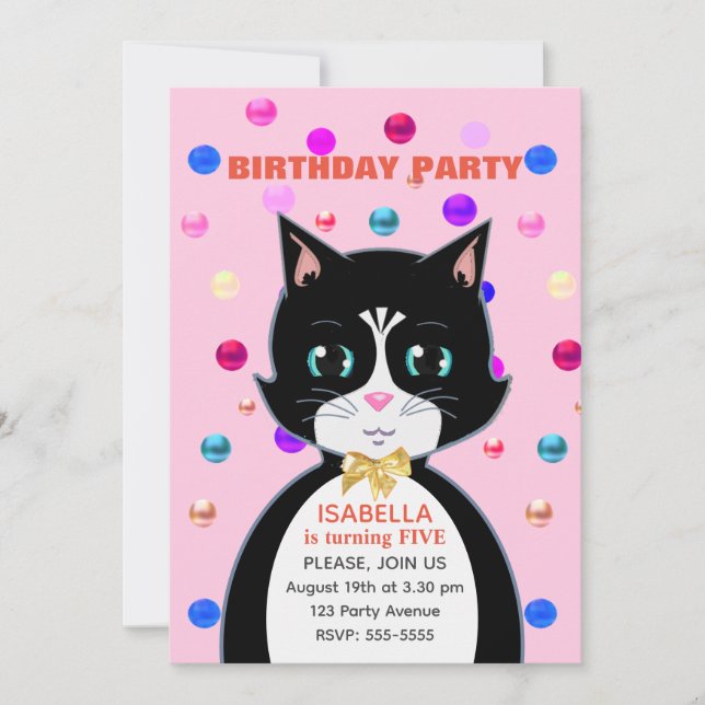 Invitation Joli chat d'anniversaire en smoking sur fond rose  (Devant)