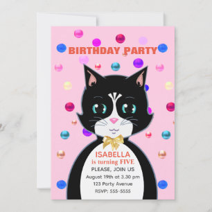 Invitation Joli chat d'anniversaire en smoking sur fond rose 