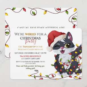 Invitation Joli Chat Emmêlé dans les Guirlandes Lumineuses Fê
