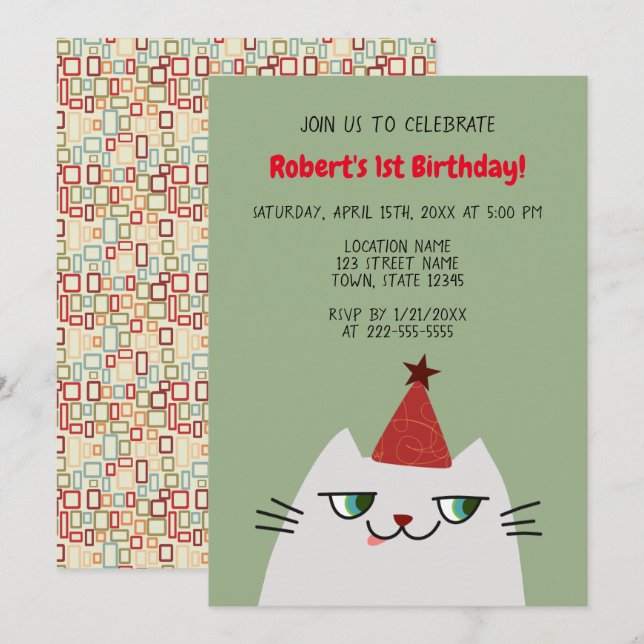 Invitation Joli Chat Gris 1er Anniversaire (Devant / Derrière)