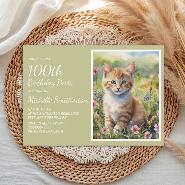Invitation Joli Chat Jaune Orange Aquarelle 100e Anniversaire (Cat 100th birthday party invitation)
