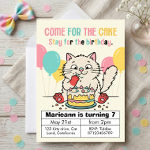 Joli Chat Mangeant du Gâteau Coloré Anniversaire P