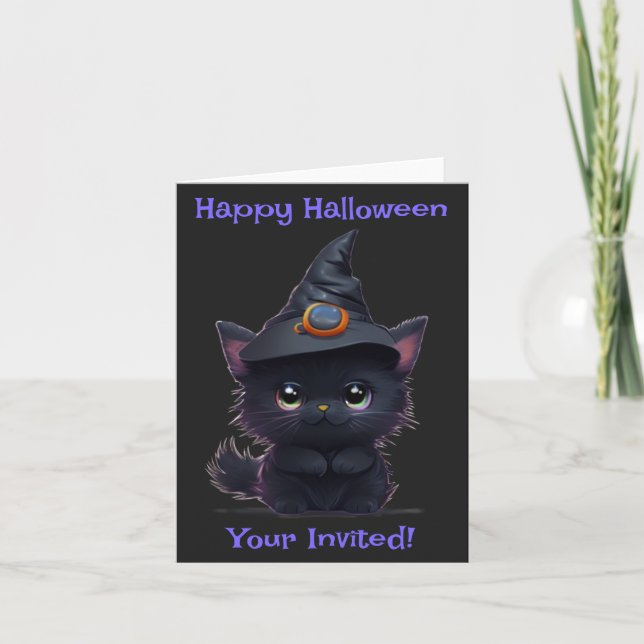 Invitation Joli chat noir de Halloween fantaisiste (Devant)