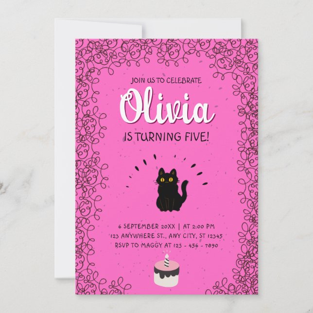 Invitation Joli chat noir sur célébration de fête rose  (Devant)