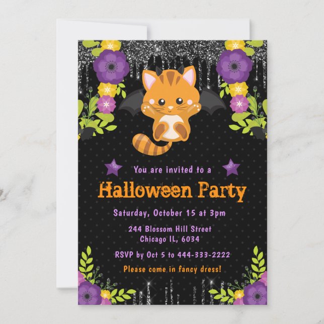 Invitation Joli Chat Orange Fleur Halloween Fête (Devant)