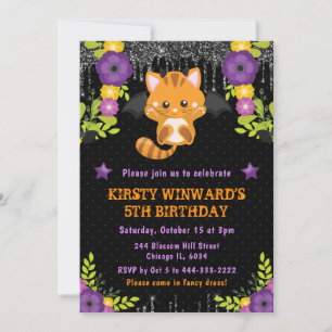Invitation Joli Chat Orange Floral Anniversaire Halloween