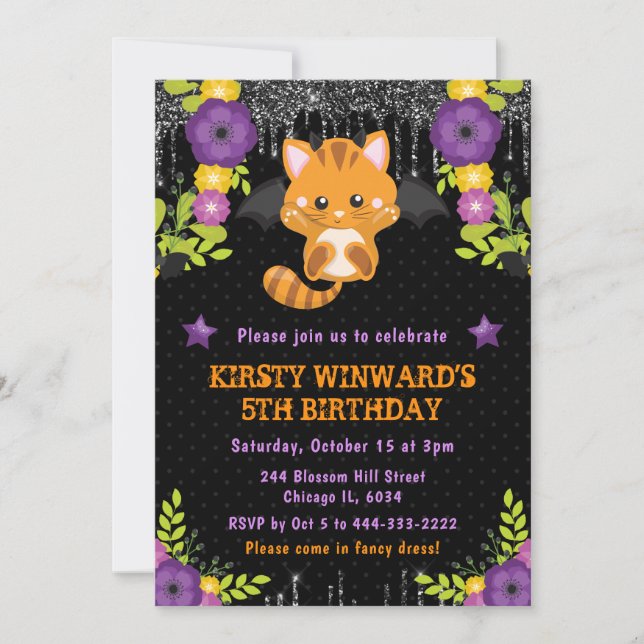 Invitation Joli Chat Orange Floral Anniversaire Halloween (Devant)